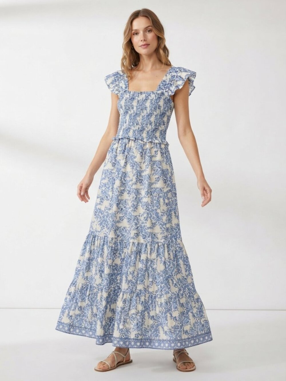 Max Studio Floral Smoked Tiered Maxi Dress Blue Cream Size XS NWT